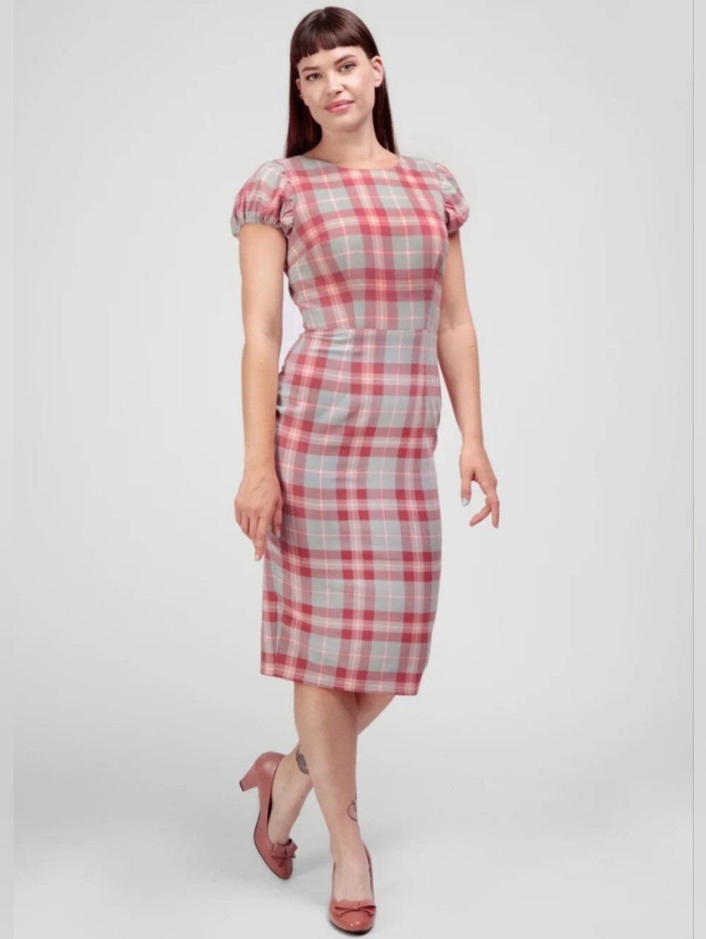 Collectif London Plaid Puff Sleeve Midi Pencil Dress US 10 Retro  Twee Pin Up